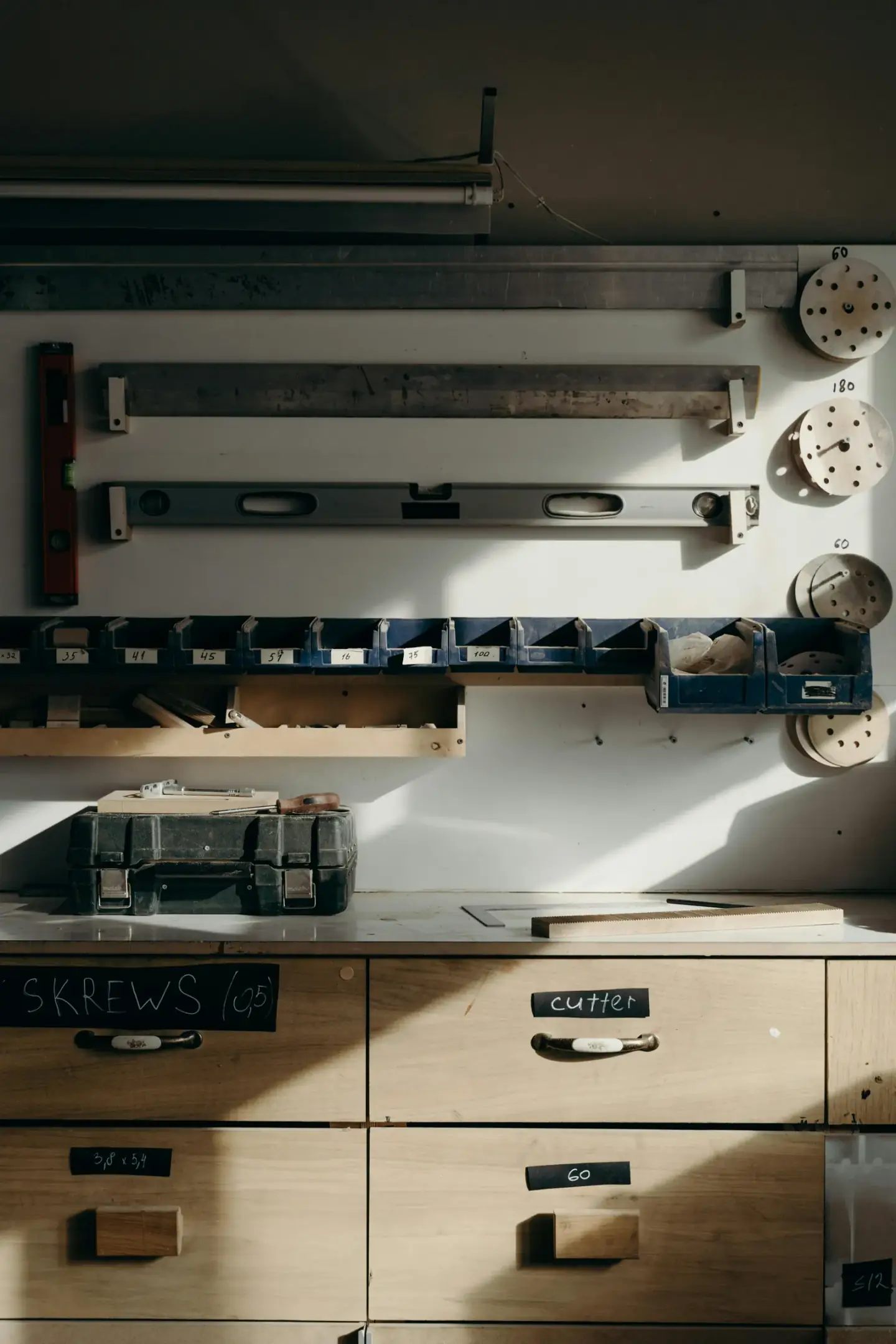 Workshop drawers and labelled storage compartments beneath a tidy maker bench