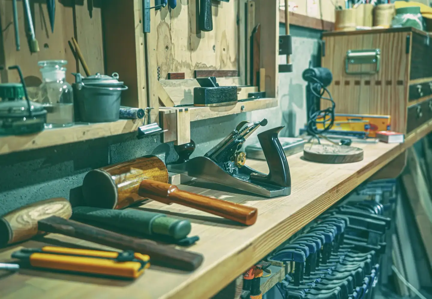 Organised hand tools laid out along a workshop bench with open working space